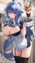 Rule 34 | 1girl, ahoge, apron, bell, blue hair, blush, bow, breasts, catsmoon, dessert, dress, food, frills, ganyu (genshin impact), genshin impact, goat horns, highres, holding, holding tray, horns, large breasts, long hair, looking at viewer, maid, maid apron, maid headdress, neck bell, puffy sleeves, purple eyes, ribbon, side slit, sidelocks, smile, solo, thighhighs, tray, waist apron