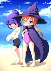 Rule 34 | 2girls, absurdres, barefoot, beach, blush, child, cloud, day, eyebrows, feet, hat, highres, long hair, looking at viewer, multiple girls, one-piece swimsuit, original, outdoors, qkracho (thesdroz), sand, shadow, sky, standing, swimsuit, tears, undressing, water