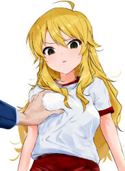 Rule 34 | 1girl, 1other, absurdres, ahoge, arms at sides, blonde hair, buruma, commentary, frown, grabbing, grabbing another&#039;s breast, green eyes, gym uniform, highres, hoshii miki, idolmaster, idolmaster (classic), long hair, looking down, open mouth, red buruma, shirt, short sleeves, sidelocks, simple background, solo focus, upper body, v-shaped eyebrows, wavy hair, white background, white shirt, zenoo