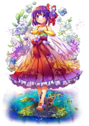 Rule 34 | 1girl, adapted costume, bare shoulders, black cat, bow, bracelet, cat, collarbone, dress, floral background, floral print, flower, frilled dress, frills, hair bow, hakama, hakama skirt, hand up, hieda no akyuu, highres, japanese clothes, jewelry, looking at viewer, obi, off shoulder, purple eyes, purple hair, red bow, reflection, rock, sandals, sash, see-through, signature, simple background, skirt, solo, sparkle, suou sakura, touhou, water, white background