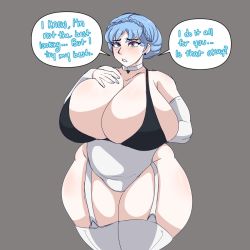 Rule 34 | 1girl, blue hair, blush, bluueygooey, breasts, choker, cleavage, curvy, fire emblem, fire emblem: three houses, garter straps, grey background, highres, huge breasts, looking at viewer, marianne von edmund, nintendo, plump, solo, thick thighs, thighhighs, thighs, wide hips