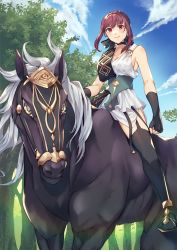 Rule 34 | 1girl, ancient greek clothes, bare shoulders, black gloves, black thighhighs, blue sky, blush, braid, breasts, cleavage, collarbone, dress, elbow gloves, fate/strange fake, fate (series), french braid, gloves, greco-roman clothes, highres, hippolyta (fate), horse, horseback riding, large breasts, long hair, looking at viewer, nakaga eri, red eyes, red hair, riding, sash, sidelocks, sky, smile, thighhighs, tree, underbust, white dress