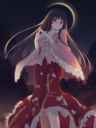 Rule 34 | 1girl, absurdres, bamboo print, black hair, blush, bow, bowtie, breasts, eclipse, floral print, goback, highres, hime cut, houraisan kaguya, japanese clothes, long hair, long skirt, long sleeves, looking at viewer, medium breasts, night, night sky, pink shirt, red eyes, red skirt, shirt, skirt, sky, star (sky), starry sky, touhou, very long hair, white bow, wide sleeves