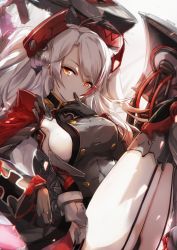 Rule 34 | 1girl, antenna hair, ass, azur lane, black gloves, black thighhighs, breasts, buttons, commentary request, double-breasted, dress, finger to mouth, garter straps, gloves, grey dress, headgear, highres, large breasts, legs up, long hair, long sleeves, looking at viewer, machinery, military, military uniform, mole, mole on breast, nekoya (liu), orange eyes, panties, pantyshot, prinz eugen (azur lane), red hair, short dress, sideboob, silver hair, sitting, solo, swept bangs, thighhighs, underwear, uniform, very long hair