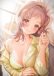 Rule 34 | 1girl, absurdres, atagumo yuba, blush, bra, breasts, brown eyes, brown hair, closed mouth, collarbone, commentary request, curtains, highres, idolmaster, idolmaster shiny colors, long sleeves, looking at viewer, lying, medium breasts, off shoulder, on side, pajamas, pillow, sakuragi mano, short hair, smile, solo, sweat, underwear, window, yellow bra
