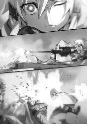 Rule 34 | 10s, 1boy, 1girl, anti-materiel rifle, bolt action, bunbun, firing, greyscale, gun, hair between eyes, hair ornament, hairclip, highres, looking at viewer, lying, monochrome, motion blur, novel illustration, official art, on stomach, one eye closed, pgm hecate ii, rifle, scope, sinon, sniper rifle, sword art online, weapon
