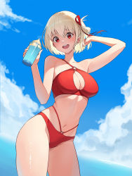 Rule 34 | 1girl, arm up, armpit crease, bare shoulders, bikini, blonde hair, blue sky, blush, bottle, breasts, cleavage, cloud, contrapposto, cowboy shot, day, hair ribbon, highres, holding, holding bottle, jason kim, lycoris recoil, medium breasts, multi-strapped bikini, navel, nishikigi chisato, o-ring, o-ring bikini, one side up, open mouth, outdoors, red bikini, red eyes, red ribbon, ribbon, shiny skin, short hair, sidelocks, sky, smile, solo, stomach, swimsuit, teeth, thighs, upper teeth only, water, water bottle