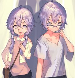 Rule 34 | 1boy, 1girl, bad id, bad pixiv id, bag, bespectacled, brother and sister, cio hakatano, collarbone, commentary, glasses, highres, jacket, looking at another, pink shirt, purple eyes, purple hair, shirt, short hair with long locks, short sleeves, shoulder bag, siblings, sidelocks, sketch, spread legs, twins, upper body, vocaloid, voiceroid, white jacket, white shirt, yuzuki yukari, yuzuki yukari&#039;s younger twin brother