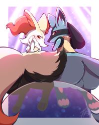 Rule 34 | 2girls, animal ear fluff, animal ears, animal feet, animal nose, artist name, ass, black fur, blue fur, blush, body fur, border, braixen, closed mouth, creatures (company), female focus, fox ears, fox girl, fox tail, from behind, furry, furry female, game freak, gen 4 pokemon, gen 6 pokemon, gradient background, happy, leaning forward, looking at viewer, looking back, lucario, multiple girls, negoya, nervous, nintendo, outside border, pawpads, pokemon, pokemon (creature), profile, purple background, red eyes, sideways mouth, signature, sitting, smile, snout, sparkle, sweat, tail, white border, white fur, wolf ears, wolf girl, wolf tail, yellow fur