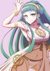 Rule 34 | &gt;:), 1girl, absurdres, aqua eyes, aqua hair, arm up, armlet, armpits, belt, belt buckle, blunt bangs, blush, bracelet, breasts, bright pupils, buckle, choker, cleavage, cleopatra (fate), cleopatra (third ascension) (fate), closed mouth, collarbone, cowboy shot, dress, earrings, egyptian, egyptian clothes, eyebrows, eyelashes, eyeliner, eyes visible through hair, facing away, fate/grand order, fate (series), fingernails, fishnet pantyhose, fishnets, flower, gensui (auoua), gluteal fold, gradient background, hairband, hand on own hip, highres, hoop earrings, jewelry, large breasts, legs apart, long fingernails, long hair, looking at viewer, makeup, navel, necklace, nose, o-ring, o-ring bottom, o-ring panties, panties, pantyhose, purple background, ring, ringed eyes, shiny skin, sidelocks, smile, solo, sparkle, stomach, straight hair, tsurime, underwear, v-shaped eyebrows, very long hair, white belt, white choker, white dress, white panties, white pupils, yellow hairband