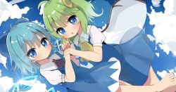 Rule 34 | 2girls, ascot, bad id, bad twitter id, barefoot, blue bow, blue dress, blue eyes, blue hair, blue shirt, blue skirt, blue sky, bow, cirno, closed mouth, cloud, daiyousei, dress, fairy wings, green hair, hair bow, highres, holding hands, ice, ice wings, looking at viewer, multiple girls, neck ribbon, open mouth, outdoors, poco (zdrq3), puffy short sleeves, puffy sleeves, red ribbon, ribbon, shirt, short hair, short sleeves, skirt, sky, touhou, white shirt, wings, yellow neckwear