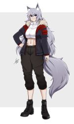 Rule 34 | 1girl, absurdres, airisubaka, animal ears, arm at side, artist name, black footwear, black pants, blue eyes, boots, breasts, commentary, crop top, full body, fur collar, grey background, grey hair, hand on own hip, highres, jacket, large breasts, long hair, midriff, navel, open clothes, open jacket, original, pants, parted lips, signature, simple background, smile, solo, standing, symbol-only commentary, tail, wolf ears, wolf girl, wolf tail