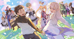 Rule 34 | 4boys, 6+girls, :d, bare shoulders, beatrice (re:zero), black footwear, blonde hair, blue eyes, blue hair, blush, boots, braid, brown footwear, brown hair, capelet, cat, closed eyes, closed mouth, cloud, commentary request, crown, day, dress, drill hair, duplicate, emilia (re:zero), falling petals, flower, frederica baumann, fur-trimmed capelet, fur trim, garfiel tinsel, grass, grey hair, hair ribbon, hand up, happy, highres, holding hands, jacket, long hair, lower teeth only, maid, mini crown, multiple boys, multiple girls, natsuki subaru, open mouth, otto suewen, outdoors, pants, pantyhose, parted bangs, parupin, patrasche (re:zero), petals, petra leyte, pixel-perfect duplicate, pointy ears, puck (re:zero), purple eyes, ram (re:zero), re:zero kara hajimeru isekai seikatsu, red capelet, red ribbon, rem (re:zero), ribbon, roswaal l. mathers, roswaal mansion maid uniform, shoes, short hair, sidelocks, sky, smile, standing, striped clothes, striped pantyhose, sun, symbol-shaped pupils, teeth, tongue, track jacket, twin drills, twintails, white flower, wide sleeves