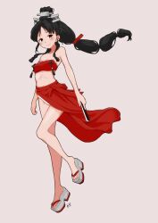 Rule 34 | 1girl, alternate costume, bare arms, bare legs, bare shoulders, bikini, black hair, breasts, closed mouth, dot nose, folded fan, folding fan, full body, grey background, hand fan, high ponytail, highres, holding, holding fan, kantai collection, long hair, looking at viewer, midriff, multi-tied hair, navel, neve (morris-minicooper), nisshin (kancolle), purple eyes, red bikini, red sarong, sandals, sarong, short eyebrows, simple background, small breasts, smile, solo, strapless, strapless bikini, swimsuit, tareme, tube top, very long hair
