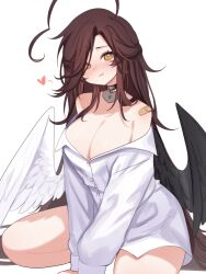 Rule 34 | 1girl, absurdres, ahoge, bandaid, blush, borrowed clothes, breasts, brown hair, choker, cleavage, collared shirt, feathered wings, hair over one eye, head tilt, heart, heart ahoge, heart in eye, heart pendant, highres, huge ahoge, large breasts, long bangs, long hair, long sleeves, looking at viewer, messy hair, mismatched wings, naked shirt, no pupils, off shoulder, orange eyes, original, oversized clothes, pendant choker, pout, seiza, shirt, simple background, sitting, sky above me, solo, spoken heart, symbol in eye, v arms, very long hair, white background, white shirt, wings