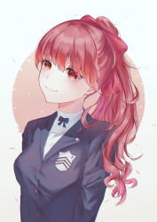 Rule 34 | 136364, 1girl, absurdres, black jacket, bow, closed mouth, hair bow, highres, jacket, long hair, long sleeves, matching hair/eyes, persona 5, persona 5 the royal, ponytail, red bow, red eyes, red hair, school uniform, simple background, smile, solo, turtleneck, upper body, white background, yoshizawa kasumi