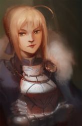 Rule 34 | 1girl, 3four, ahoge, armor, artoria pendragon (fate), blonde hair, breastplate, crossed arms, fate/stay night, fate (series), fur collar, gauntlets, green eyes, highres, lips, nose, saber (fate), solo