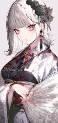 Rule 34 | 1girl, 2024, absurdres, black flower, black rose, breasts, ear piercing, earrings, floral print, flower, grey kimono, hair flower, hair ornament, happy new year, highres, japanese clothes, jewelry, kayahara, kimono, looking at viewer, medium breasts, medium hair, mole, new year, obi, original, parted lips, piercing, purple eyes, ring, rose, sash, simple background, solo, upper body, white hair