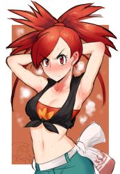 Rule 34 | 1girl, armpits, arms behind head, belt, blush, breasts, breath, cleavage, commentary request, creatures (company), crop top, denim, eyelashes, flannery (pokemon), game freak, gen 3 pokemon, highres, ichigai (hayawossan), jeans, long hair, medium breasts, midriff, navel, nintendo, pants, pokemon, pokemon (creature), pokemon oras, ponytail, red eyes, red hair, shirt, solo, steam, sweat, torkoal, upper body, v-shaped eyebrows, white belt