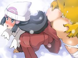 Rule 34 | 00s, 1boy, 1girl, :o, all fours, anus, ass, ass grab, bent over, blush, boris (noborhys), breasts, creatures (company), cum, cum in pussy, dawn (pokemon), dawn (pokemon platinum), doggystyle, furry, game freak, gen 1 pokemon, gradient background, hat, hetero, hypno, interspecies, kneeling, moaning, nintendo, open mouth, panties, panties around leg, pokemon, pokemon (anime), pokemon (creature), pokemon dppt, pokephilia, sex, sex from behind, solo focus, sweat, uncensored, underwear, vaginal