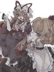 Rule 34 | 2girls, backless dress, backless outfit, beatrice (umineko), black choker, black dress, blonde hair, blue eyes, blush, bow, braid, chess piece, chinese commentary, choker, collar, commentary request, dress, elbow gloves, flower, french braid, frilled collar, frilled dress, frills, from behind, gloves, hair bow, hair bun, hair flower, hair ornament, hat, hat ribbon, highres, holding, holding chess piece, holding smoking pipe, long hair, looking at viewer, looking back, lower teeth only, mob cap, multiple girls, neck ribbon, one eye closed, puffy short sleeves, puffy sleeves, purple dress, purple eyes, red bow, red ribbon, ribbon, shindiyue, short sleeves, sidelocks, smile, smoking pipe, striped clothes, striped dress, teeth, touhou, umineko no naku koro ni, vertical-striped clothes, vertical-striped dress, very long hair, white gloves, white headwear, yakumo yukari