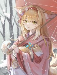 Rule 34 | absurdres, animal, animal ear fluff, animal ears, apron, arknights, bare tree, blonde hair, closed mouth, coin purse, flower, fox, fox ears, fox girl, fox tail, frilled apron, frills, green eyes, hair flower, hair ornament, hairband, highres, holding, holding animal, holding umbrella, japanese clothes, kimono, kitsune, kyuubi, long hair, long sleeves, multicolored hair, multiple tails, obi, official alternate costume, oil-paper umbrella, outdoors, pink kimono, pinwheel, red hairband, red umbrella, sash, smile, snow, snowing, suzuran (arknights), suzuran (yukibare) (arknights), tail, tree, two-tone hair, umbrella, waist apron, white apron, white hair, wide sleeves, winter, yagasuri, yingjian517