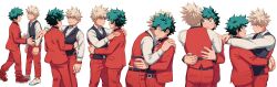 Rule 34 | 2boys, absurdres, alternate costume, bakugou katsuki, black shirt, black vest, blonde hair, boku no hero academia, closed mouth, collared shirt, commentary, dancing, eye contact, formal, freckles, frown, green hair, hands on another&#039;s back, hands on another&#039;s shoulders, highres, jacket, lc. universe, long sleeves, looking at another, male focus, midoriya izuku, multiple boys, necktie, open mouth, pants, red eyes, red footwear, red jacket, red necktie, red pants, red suit, shirt, shoes, short hair, simple background, smile, spiked hair, striped necktie, suit, symbol-only commentary, vest, white background, white shirt, yaoi