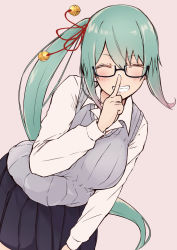Rule 34 | .live, 1girl, black-framed eyewear, black skirt, blush, breasts, closed eyes, collared shirt, commentary request, cowboy shot, crossed legs, dress shirt, eggedomon, finger to mouth, glasses, green hair, grey sweater, grey vest, grin, hair between eyes, hair ribbon, head tilt, highres, kagura suzu (.live), large breasts, long hair, long sleeves, necktie, pink background, pleated skirt, red necktie, red ribbon, ribbed sweater, ribbon, semi-rimless eyewear, shirt, side ponytail, simple background, skirt, smile, solo, sweater, sweater vest, teeth, under-rim eyewear, upper body, very long hair, vest, virtual youtuber, white shirt