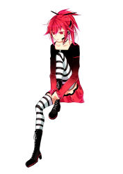 Rule 34 | 1girl, absurdres, boots, cosplay, cul, dress, full body, gradient dress, headphones, highres, long hair, ponytail, red eyes, red hair, simple background, sitting, solo, striped clothes, striped thighhighs, thighhighs, vient, vocaloid, vy1, vy1 (cosplay)