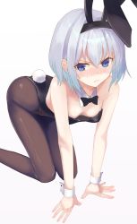 Rule 34 | 10s, 1girl, animal ears, ashiya hiro, bare shoulders, black bow, black bowtie, black hairband, black leotard, black pantyhose, blue eyes, blush, bow, bowtie, breasts, closed mouth, collar, commentary request, detached collar, downblouse, fake animal ears, hairband, highres, leotard, looking at viewer, nose blush, oversized clothes, pantyhose, playboy bunny, rabbit ears, rabbit girl, ryuuou no oshigoto!, silver hair, simple background, small breasts, solo, sora ginko, strapless, strapless leotard, tears, white background, white collar, wrist cuffs
