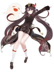 Rule 34 | absurdres, arm up, black hat, black shorts, brown hair, chinese clothes, closed eyes, fang, flower, full body, genshin impact, ghost, hat, hat flower, highres, hu tao (genshin impact), long sleeves, looking at viewer, open mouth, plum blossoms, red eyes, shorts, socks, symbol-shaped pupils, tailcoat, top hat, twintails, white background, yougashi