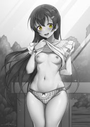 Rule 34 | 1girl, @ @, arm behind back, artist name, blush, breasts, breasts out, clothes lift, collarbone, cowboy shot, day, embarrassed, exhibitionism, frills, glint, grey theme, hair ornament, hairclip, highres, jewelry, lifted by self, light rays, long hair, looking at viewer, love live!, navel, necklace, nipples, no bra, open mouth, outdoors, panties, plaid, plaid panties, public indecency, shirt, shirt lift, signature, skindentation, sleeveless, sleeveless shirt, small breasts, solo, sonoda umi, spot color, stomach, sunbeam, sunlight, underwear, unsfrau, very long hair, yellow eyes
