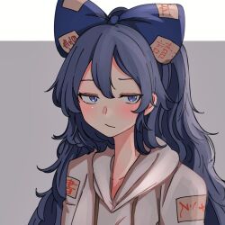 Rule 34 | 1girl, :/, blue bow, blue eyes, blue hair, bow, closed mouth, expressionless, grey background, grey hoodie, hair between eyes, hair bow, half-closed eyes, highres, hood, hoodie, long hair, looking at viewer, mesuosushi, simple background, solo, touhou, very long hair, yorigami shion