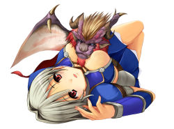 Rule 34 | 1girl, :o, azure (armor), between breasts, blue eyes, breasts, capcom, horns, large breasts, lying, monster hunter, monster hunter (series), monster hunter frontier, on back, open mouth, red eyes, shinkirou (s-k-w), short hair, silver hair, simple background, skirt, teostra, wings