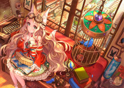 Rule 34 | 1girl, ahoge, animal ears, animal print, artist name, bad id, bad pixiv id, bare shoulders, binoculars, bird, birdcage, blonde hair, blue eyes, bobby socks, book, braid, building, butterfly print, cage, chain, commentary request, couch, creature, day, dress, feathers, feet out of frame, fish print, flower, fox ears, fox girl, fox tail, frilled dress, frilled sleeves, frills, from above, gem, globe, goggles, goggles on head, half updo, indoors, jewelry, long hair, long sleeves, looking at viewer, necklace, off-shoulder dress, off shoulder, open book, original, phone, pierorabu, print dress, railroad tracks, sitting, socks, solo focus, stairs, steampunk, tail, train, typewriter, vase, very long hair, white legwear, window