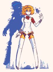 Rule 34 | 1girl, aegis (persona), blonde hair, blue eyes, bow, bowtie, colored shadow, commentary, full body, hairband, heterochromia, highres, joints, legs apart, looking at viewer, myoshell, persona, persona 3, red bow, red bowtie, red eyes, robot girl, robot joints, shadow, short hair, simple background, solo, standing, v-shaped eyebrows, white background