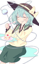 Rule 34 | 1girl, 5nikorai, :t, black hat, blouse, blush, bow, buttons, cake, cake slice, closed eyes, closed mouth, diamond button, eating, eyeball, feet out of frame, food, frilled shirt collar, frilled sleeves, frills, furrowed brow, green skirt, hand on own cheek, hand on own face, hat, hat bow, hat ribbon, highres, holding, holding spoon, komeiji koishi, light green hair, long sleeves, medium hair, ribbon, shirt, simple background, sitting, skirt, solo, spoon, third eye, touhou, wavy hair, white background, wide sleeves, yellow bow, yellow ribbon, yellow shirt