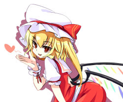 Rule 34 | 1girl, :d, blonde hair, blowing kiss, crystal, embodiment of scarlet devil, fang, female focus, flandre scarlet, hat, hat ribbon, heart, leaning forward, low wings, open mouth, red eyes, ribbon, shamo (koumakantv), short hair, simple background, smile, solo, touhou, white background, wings, wrist cuffs