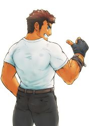 Rule 34 | 1boy, ass, back, bara, barry go, brown hair, cowboy shot, dark-skinned male, dark skin, facial hair, from behind, goatee, highres, takabushi kengo, long sideburns, male focus, muscular, muscular male, pointing, pointing at self, shirt, short hair, sideburns, solo, stubble, thick eyebrows, thighs, tokyo houkago summoners, white background, white shirt
