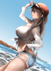 Rule 34 | 1girl, adjusting clothes, alternate costume, ass, baseball cap, beach, black hair, blue shorts, breasts, butt crack, cleavage, closed mouth, commentary request, cutoffs, denim, denim shorts, front-tie top, hand on headwear, hat, highres, kantai collection, large breasts, long hair, long sleeves, looking at viewer, nagato (kancolle), nail polish, ocean, red eyes, red nails, ship, shirt, short shorts, shorts, solo, thighs, torn clothes, torn shorts, tororo ten, water, watercraft, white shirt