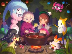 Rule 34 | 1boy, 1girl, backpack, bag, bede (pokemon), berry (pokemon), blush stickers, bob cut, boltund, brown eyes, brown hair, cardigan, closed eyes, coat, commentary request, cooking, creatures (company), dress, fangs, fangs out, fire, food, forest, game freak, gen 1 pokemon, gen 3 pokemon, gen 8 pokemon, gloria (pokemon), green headwear, grey cardigan, grey hair, hat, hatterene, highres, holding, holding food, hooded cardigan, impidimp, in tree, iroidori4422, log, long sleeves, looking at another, magikarp, mawile, mouth hold, mushroom, nature, night, nintendo, open mouth, outdoors, pink dress, plate, pokemon, pokemon (creature), pokemon swsh, popped collar, pot, purple coat, purple eyes, rock, scorbunny, short hair, sitting, smile, standing, tam o&#039; shanter, themed object, tongue, tongue out, tree