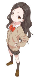 Rule 34 | 1girl, absurdres, black hair, black skirt, black socks, bow, brown cardigan, brown eyes, brown footwear, cardigan, closed mouth, collared shirt, commentary request, dress shirt, forehead, full body, hair ornament, hairclip, hand on own hip, highres, loafers, long hair, looking at viewer, original, parted bangs, pleated skirt, red bow, school uniform, shirt, shoes, short eyebrows, simple background, skirt, socks, solo, standing, thick eyebrows, white background, white shirt, yamamoto souichirou