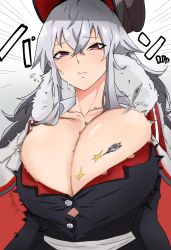Rule 34 | azur lane, blouse, blush, breasts, bursting breasts, cape, cleavage, cleavage cutout, clothing cutout, collarbone, derivative work, fur collar, fur trim, graf zeppelin (azur lane), hair between eyes, highres, huge breasts, large breasts, long hair, messy hair, neinlol, popped button, red eyes, shirt, silver hair, sweat, white background