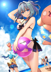 Rule 34 | 4girls, :3, :d, ahoge, animal, arm behind head, arm up, ball, bare arms, bare shoulders, beach, beachball, bikini, black bow, black footwear, black ribbon, blonde hair, blue bikini, blue eyes, blue hair, blue one-piece swimsuit, blue skirt, blue sky, blurry, blush, bow, breasts, brown hair, casual one-piece swimsuit, cat, cleavage, closed mouth, cloud, collar, collarbone, commentary request, day, depth of field, dog, dutch angle, expressionless, facing away, flip-flops, floating hair, food, food in mouth, from below, front-tie bikini top, front-tie top, grey hair, hair between eyes, hair intakes, hair ribbon, hair tie, highres, holding, holding ball, holding food, hood, hood down, hoodie, horizon, innertube, jumping, lens flare, long hair, looking at another, looking at viewer, looking down, mahcdai, medium breasts, medium hair, miniskirt, multiple girls, o o, ocean, one-piece swimsuit, open mouth, original, pink bikini, pink footwear, pink ribbon, planol note, ponytail, purple eyes, ramune, red collar, ribbon, rum ialis, running, sand, sandals, sausage, see-through, shadow, short ponytail, side-tie bikini bottom, sidelocks, skirt, sky, sleeveless, sleeveless hoodie, smile, standing, star (symbol), summer, sun, swim ring, swimsuit, twintails, very long hair, white bikini, wind, yellow hoodie