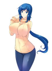 Rule 34 | 10s, 1girl, blue eyes, blue hair, breasts, covered erect nipples, denim, gundam, gundam build fighters, haganef, huge breasts, iori rinko, jeans, long hair, matching hair/eyes, mature female, navel, nipples, pants, ponytail, ribbed sweater, simple background, solo, sweater, turtleneck, very long hair, white background