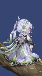 Rule 34 | 1girl, bare shoulders, blue background, blush, branch, closed mouth, dress, from behind, genshin impact, green hair, grey hair, highres, in tree, looking away, multicolored hair, nahida (genshin impact), pointy ears, profile, side ponytail, siera (sieracitrus), simple background, sitting, sleeveless, sleeveless dress, solo, tree, two-tone hair, white dress