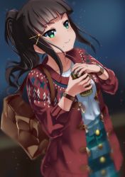 Rule 34 | 1girl, ajapar, alternate hairstyle, bag, black hair, blunt bangs, bracelet, can, cardigan, collarbone, commentary request, green eyes, hair ornament, hairclip, handbag, highres, holding, holding can, jewelry, kurosawa dia, long sleeves, love live!, love live! school idol festival, love live! sunshine!!, mole, mole under mouth, night, plaid, plaid skirt, ponytail, red cardigan, shirt, sidelocks, skirt, smile, solo, sparkle, watch, white shirt, winter clothes, wristwatch