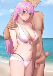Rule 34 | 1boy, 1girl, :d, absurdres, bare arms, bare shoulders, bikini, blush, censored, closed mouth, collarbone, commission, completely nude, cowboy shot, fuufu ijou koibito miman., hair between eyes, highres, long hair, male pubic hair, mosaic censoring, navel, nude, ocean, open mouth, oxxo (dlengur), penis, pink hair, pixiv commission, pubic hair, short hair, smile, stomach, swimsuit, watanabe akari, white bikini