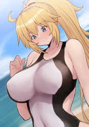 Rule 34 | 1girl, bare shoulders, blonde hair, blue eyes, blue sky, breasts, collarbone, competition swimsuit, fate/grand order, fate (series), high ponytail, highres, jeanne d&#039;arc (fate), jeanne d&#039;arc (swimsuit archer) (fate), jeanne d&#039;arc (swimsuit archer) (second ascension) (fate), large breasts, long hair, one-piece swimsuit, pononozo, sky, smile, solo, swimsuit, very long hair