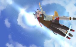 Rule 34 | 2girls, animal ears, blue sky, cat ears, cat tail, cloud, cloudy sky, coat, commentary, day, eila ilmatar juutilainen, flying, green eyes, grey hair, hug, kaneko (novram58), lens flare, light particles, long hair, looking at viewer, looking back, multiple girls, official alternate costume, open mouth, purple eyes, sanya v. litvyak, scarf, short hair, sky, smile, strike witches, striker unit, sun, tail, waving, winter clothes, world witches series